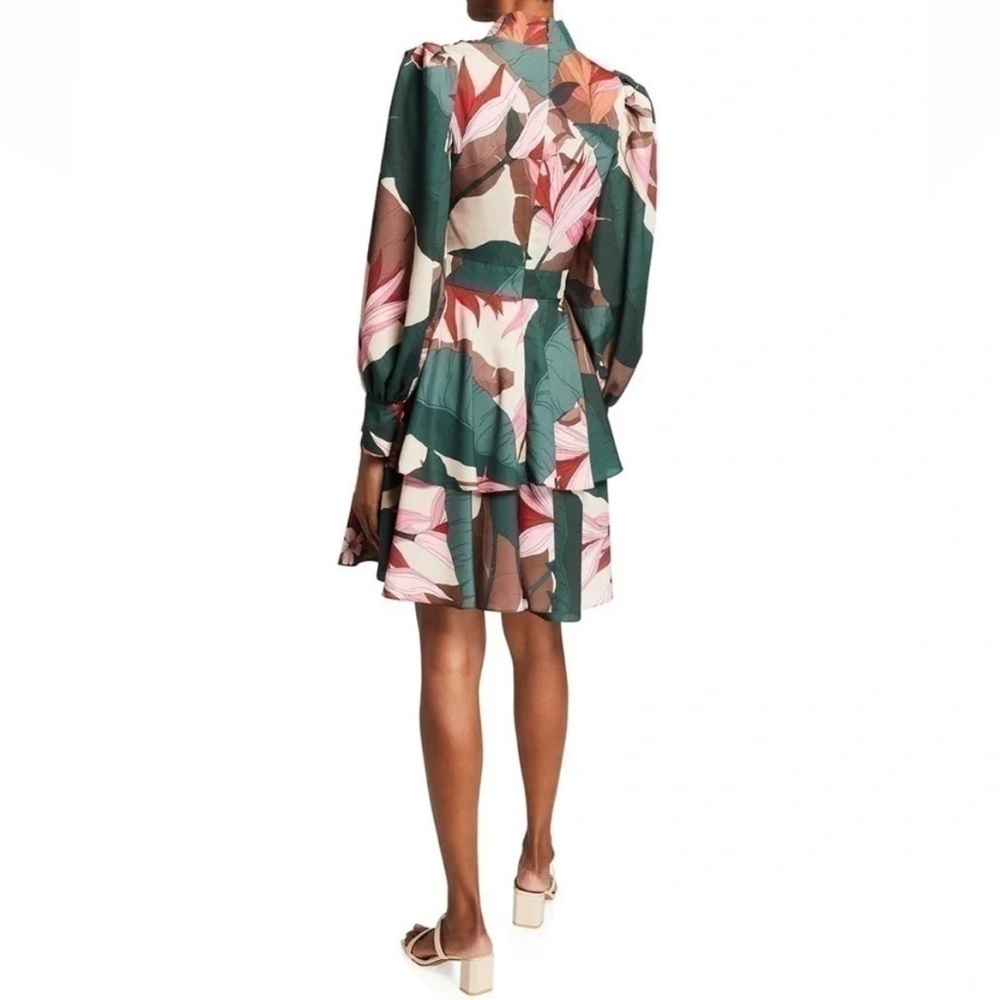 One 33 Social Green Tropical Floral Blouson-Sleeve Tiered Dress 6 - Picture 2 of 11